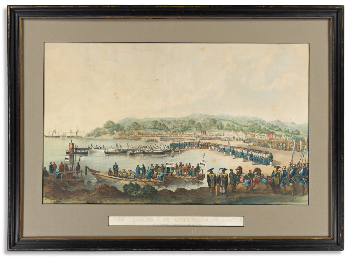 (COMMERCE & EXPANSION.) Sarony, lithographers; after Heine. First Landing of Americans in Japan, under Commodore M. C. Perry